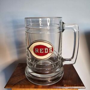 Vintage Cincinnati Reds Glass Beer Mug w Pewter Enamel Logo Baseball Team